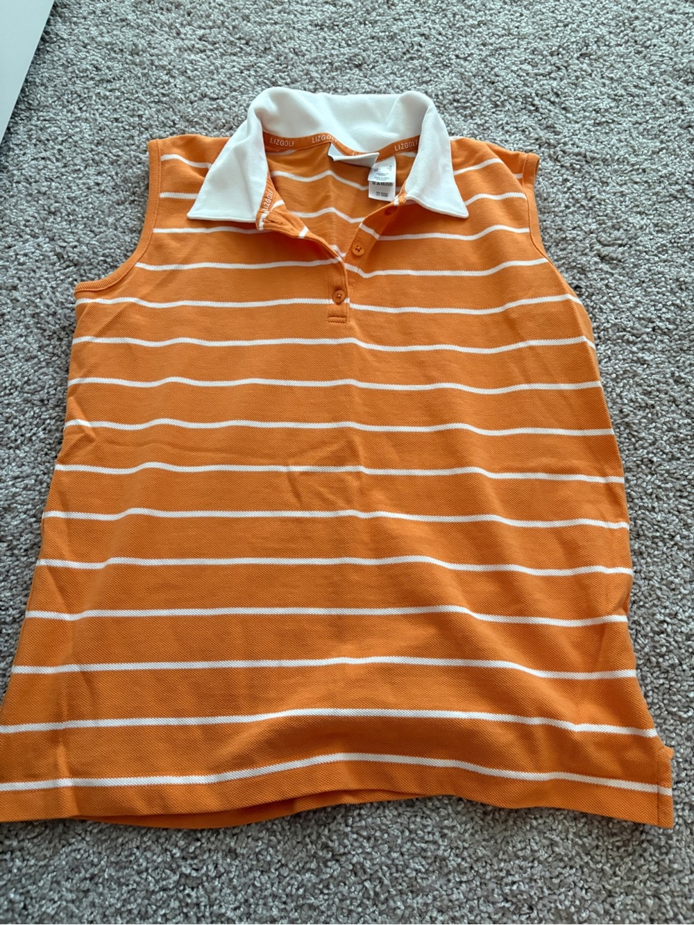 LizGolf by Claiborne Orange & White Striped Sleeveless Polo